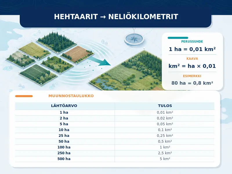 Hehtaarit neliökilometreiksi