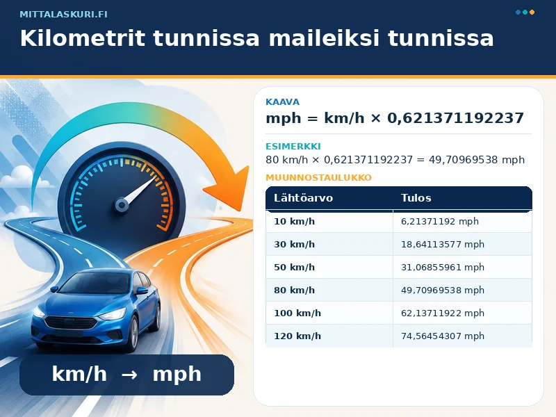 Kilometrit tunnissa maileiksi tunnissa