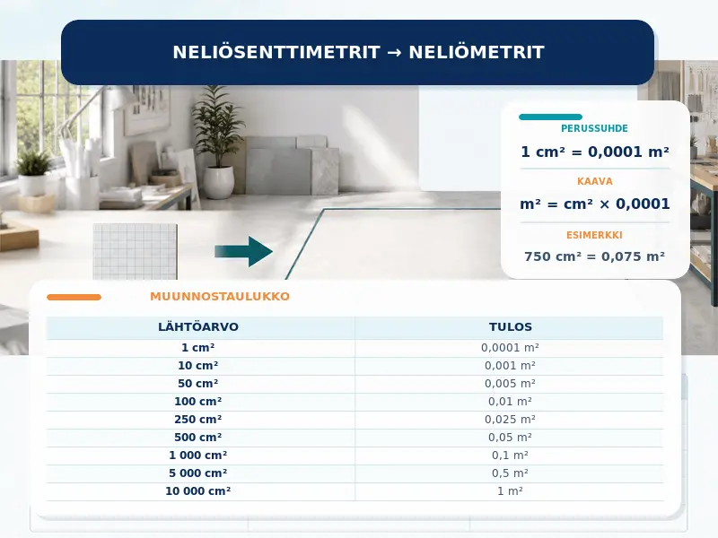 Neliösenttimetrit neliömetreiksi
