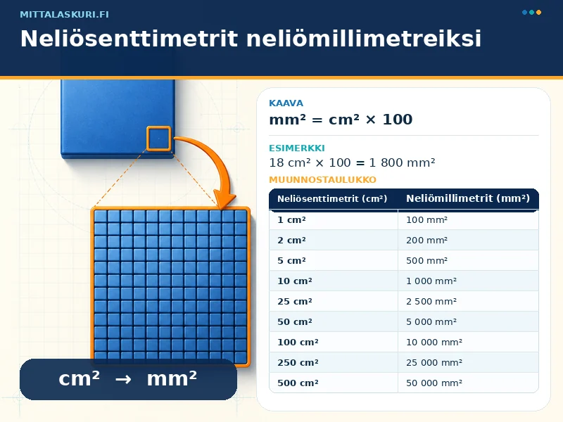 Neliösenttimetrit neliömillimetreiksi