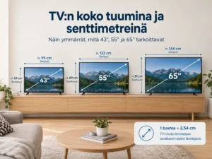 43, 55 ja 65 tuuman televisioiden koko senttimetreinä