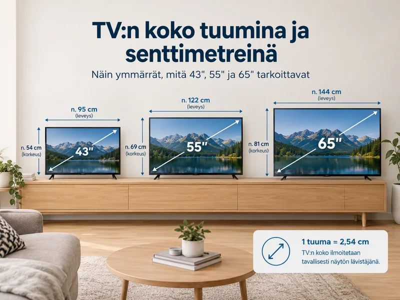 43, 55 ja 65 tuuman televisioiden koko senttimetreinä
